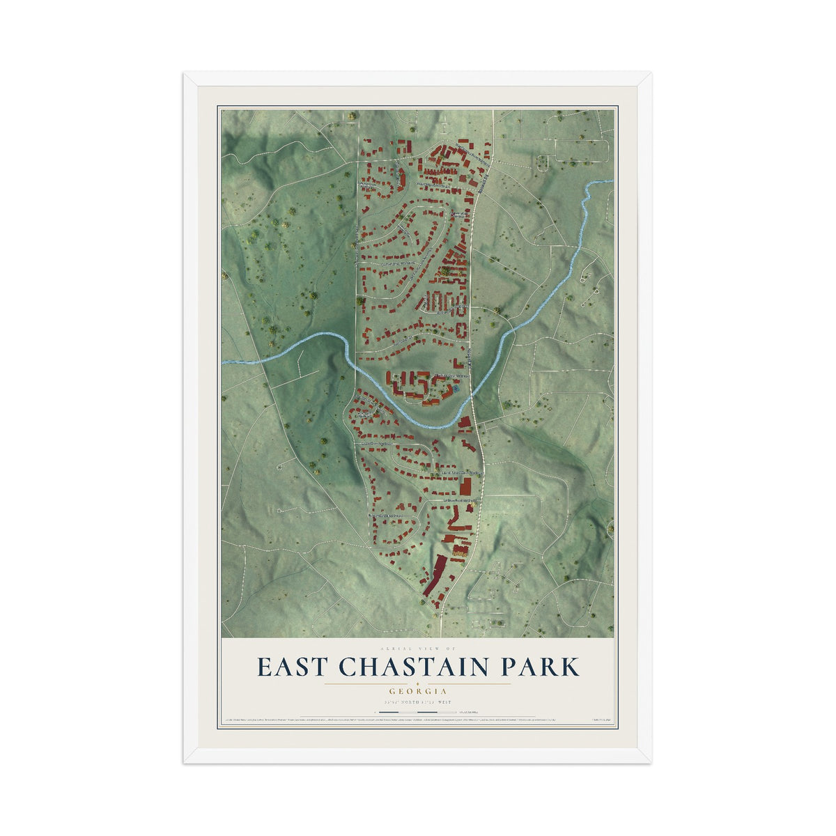 East Chastain Park, Georgia map print, 12" x 18" W/ White Ayous Wood Frame mockup