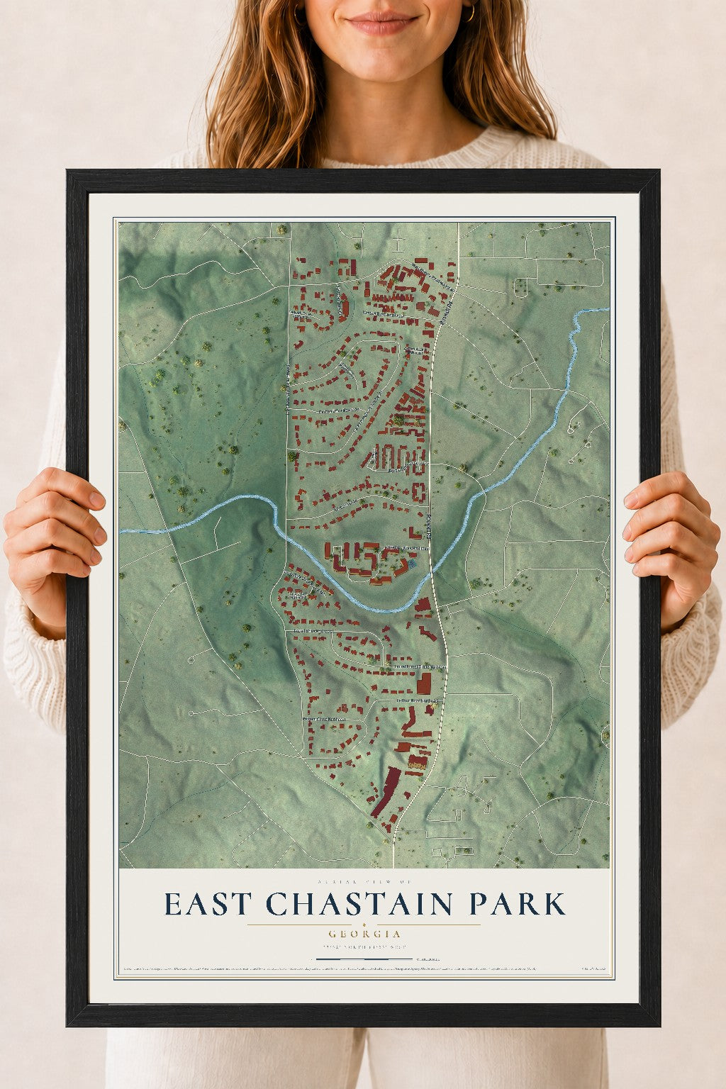 East Chastain Park, Georgia map print, 18" x 24" W/ Black Ayous Wood Frame mockup