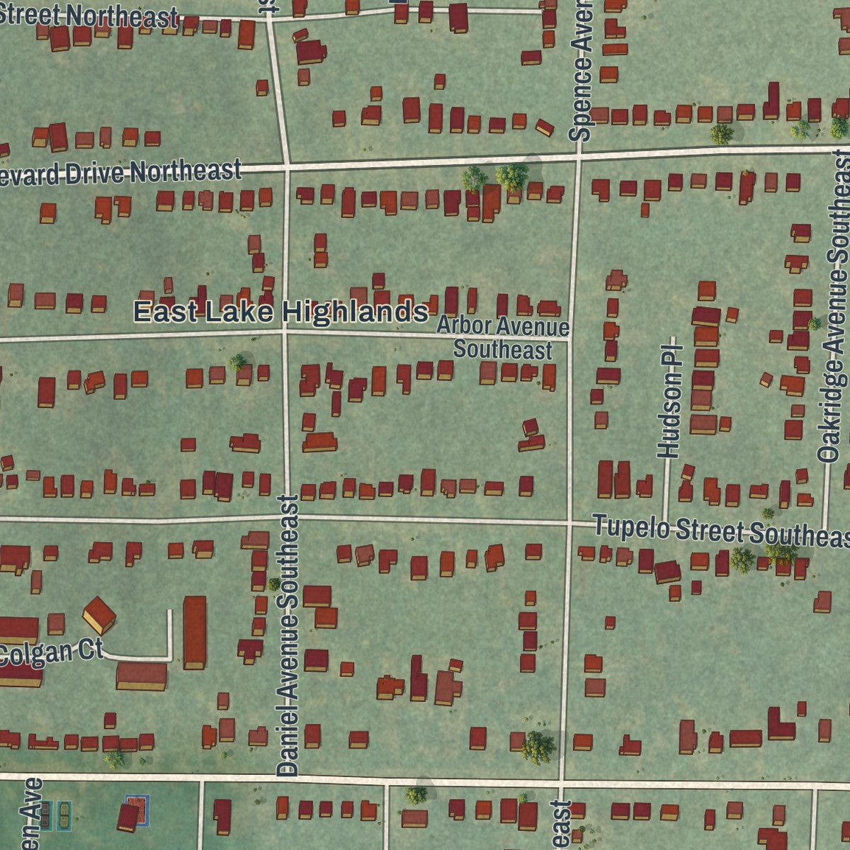 Close-up 1 of the East Lake, Georgia map artwork