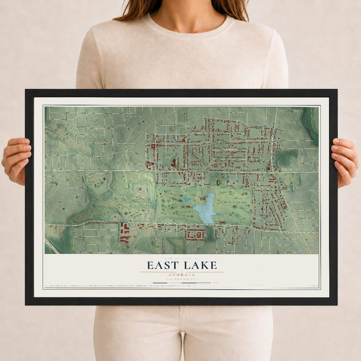 East Lake, Georgia map print, 12" x 18" W/ Black Ayous Wood Frame mockup