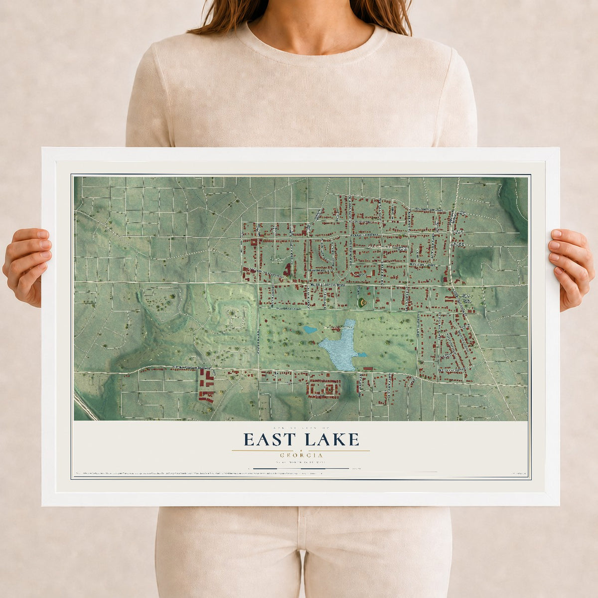 East Lake, Georgia map print, 12" x 18" W/ White Ayous Wood Frame mockup