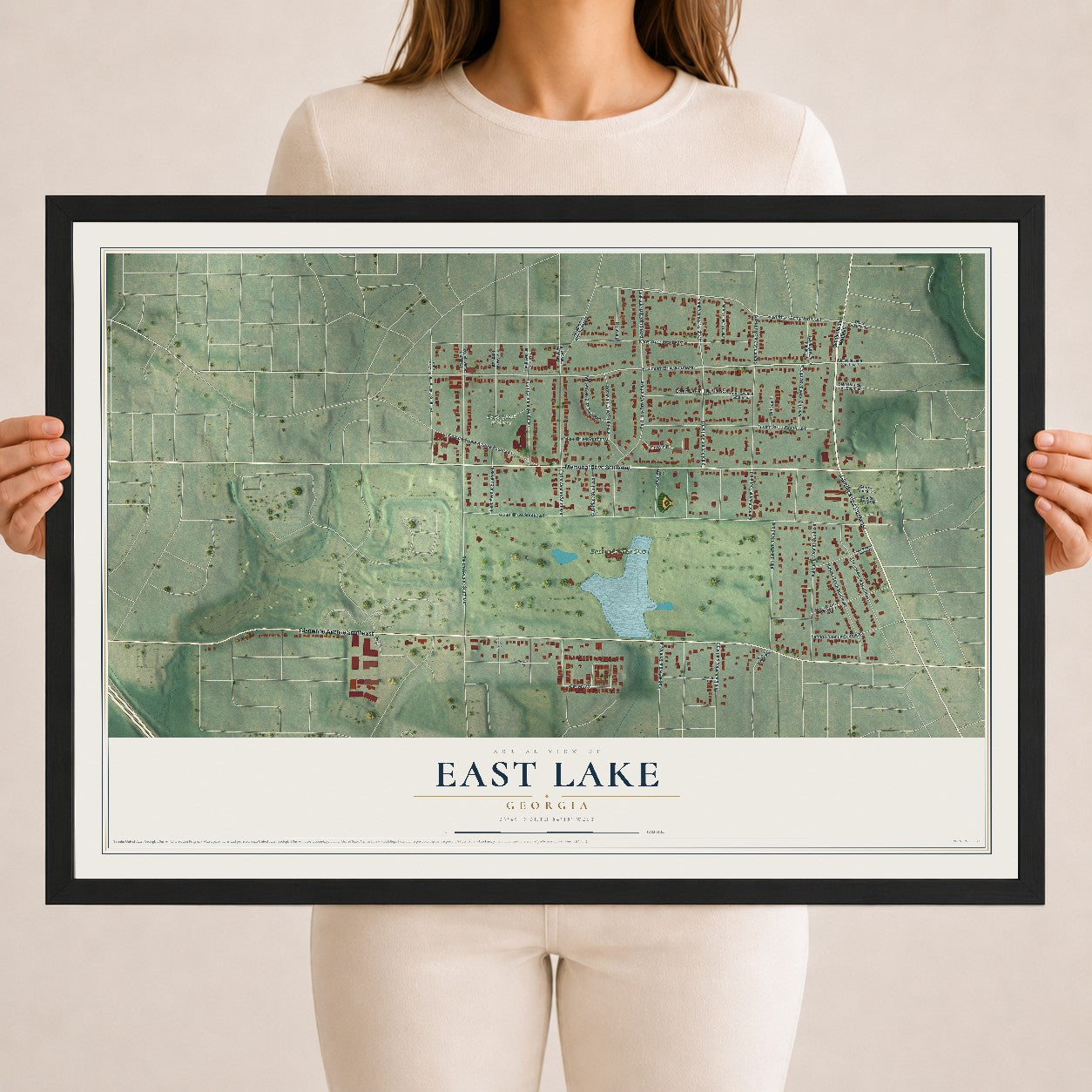 East Lake, Georgia map print, 18" x 24" W/ Black Ayous Wood Frame mockup