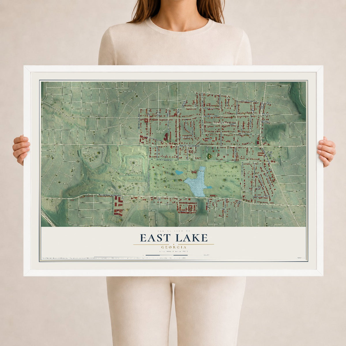 East Lake, Georgia map print, 24" x 36" W/ White Ayous Wood Frame mockup