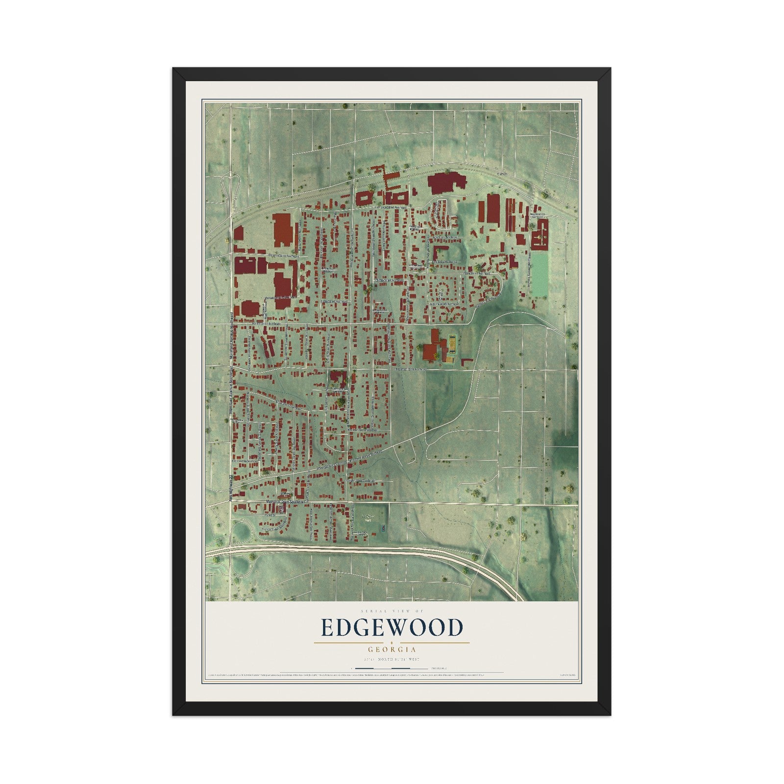 Edgewood, Georgia map print, 12" x 18" W/ Black Ayous Wood Frame mockup