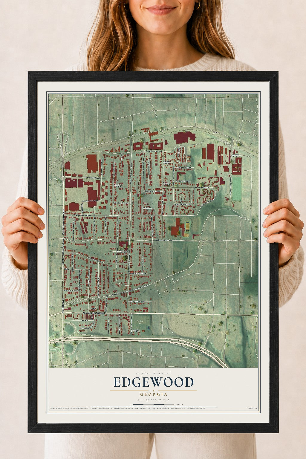 Edgewood, Georgia map print, 18" x 24" W/ Black Ayous Wood Frame mockup
