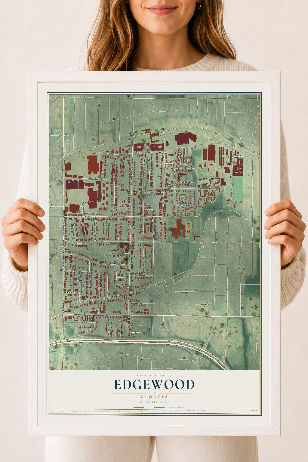 Edgewood, Georgia map print, 18" x 24" W/ White Ayous Wood Frame mockup