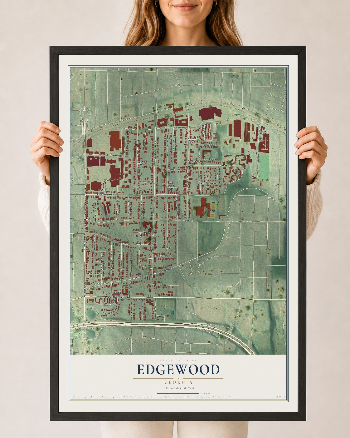 Edgewood, Georgia map print, 24" x 36" W/ Black Ayous Wood Frame mockup