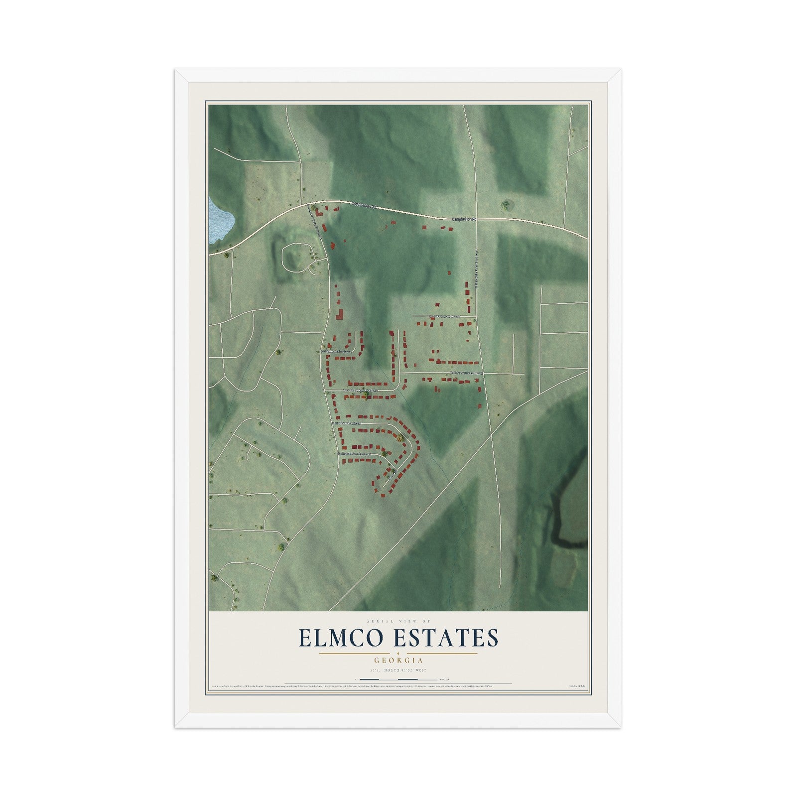Elmco Estates, Georgia map print, 12" x 18" W/ White Ayous Wood Frame mockup