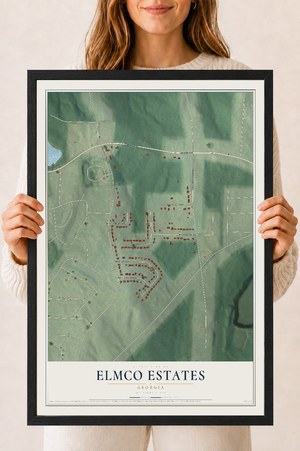 Elmco Estates, Georgia map print, 18" x 24" W/ Black Ayous Wood Frame mockup