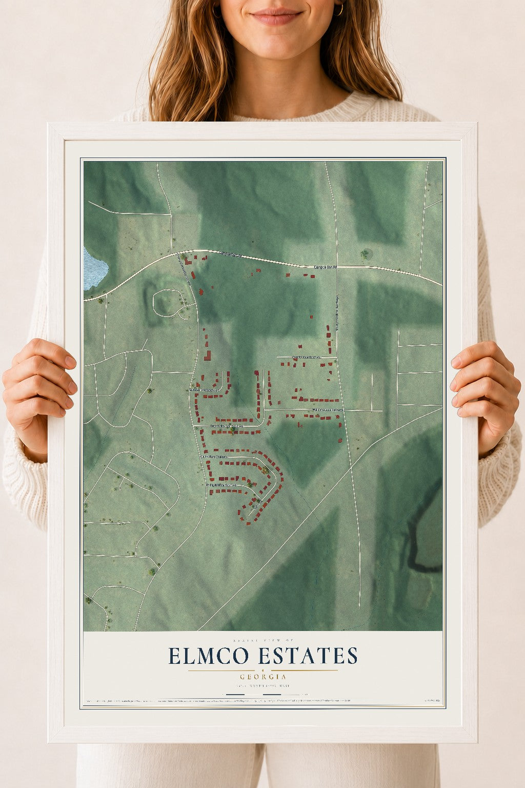 Elmco Estates, Georgia map print, 18" x 24" W/ White Ayous Wood Frame mockup