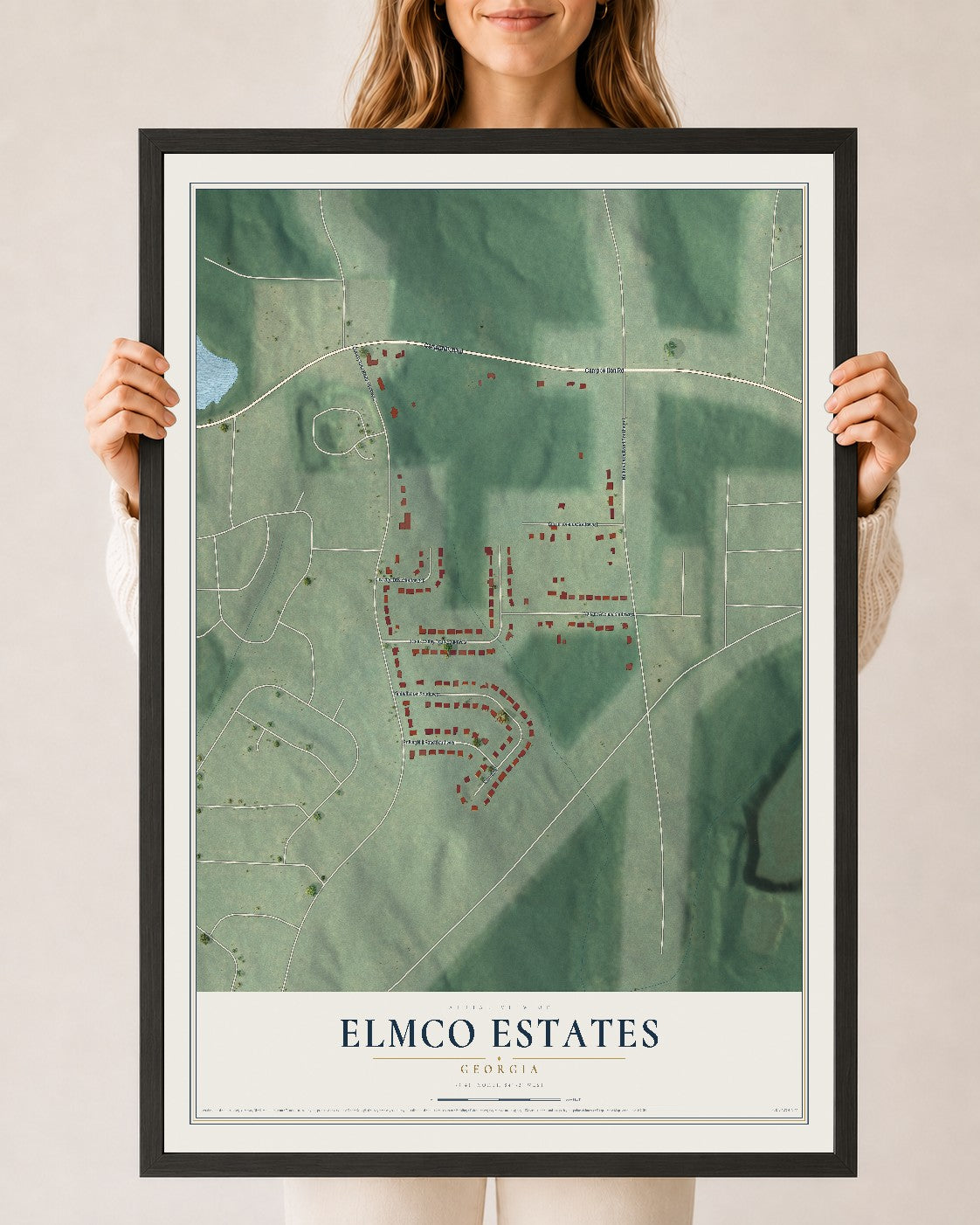 Elmco Estates, Georgia map print, 24" x 36" W/ Black Ayous Wood Frame mockup