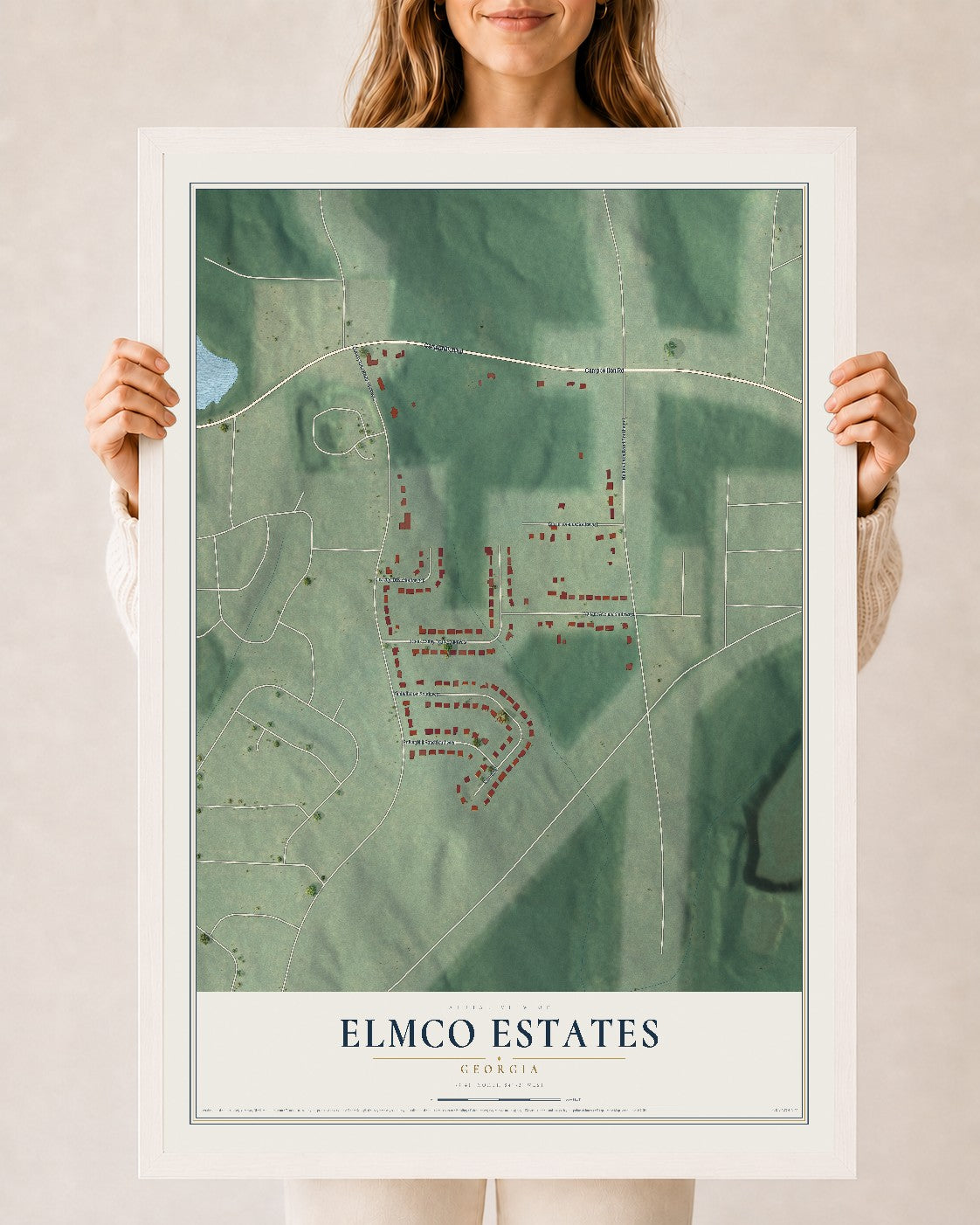 Elmco Estates, Georgia map print, 24" x 36" W/ White Ayous Wood Frame mockup