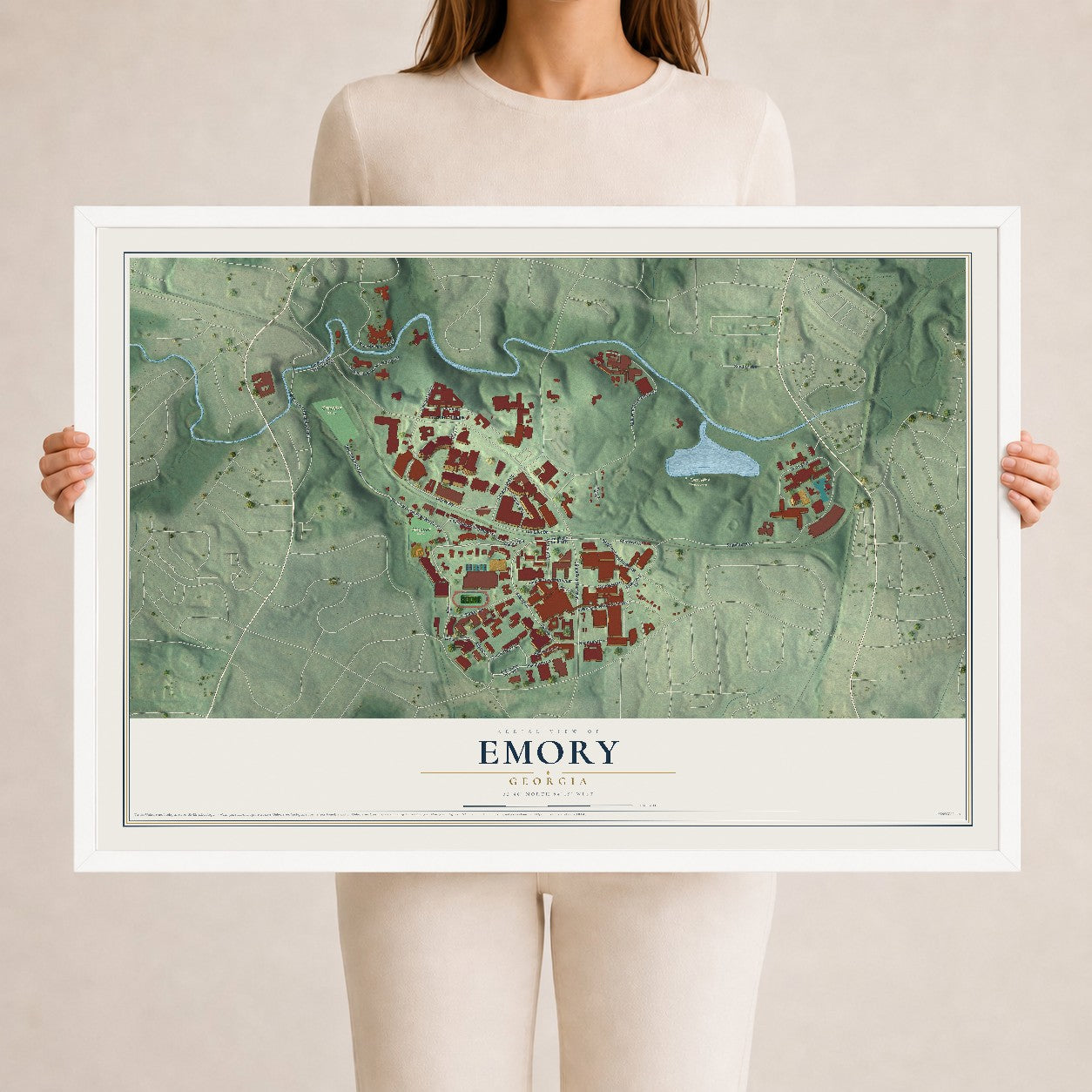 Emory, Georgia map print, 24" x 36" W/ White Ayous Wood Frame mockup