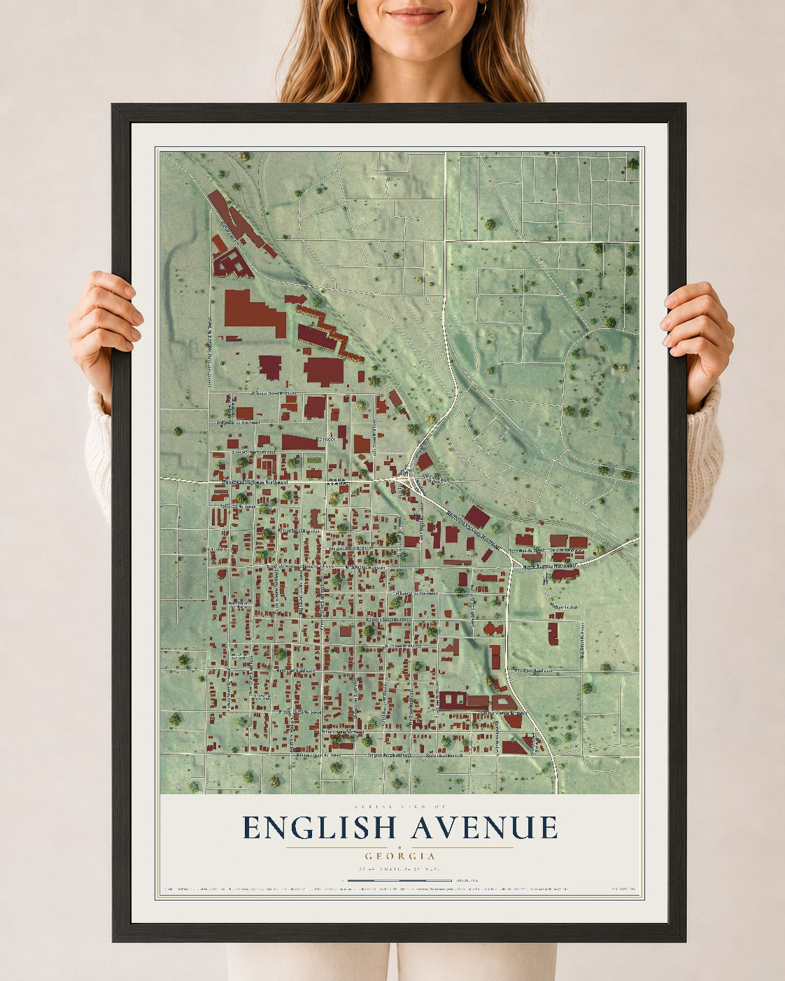 English Avenue, Georgia map print, 24" x 36" W/ Black Ayous Wood Frame mockup