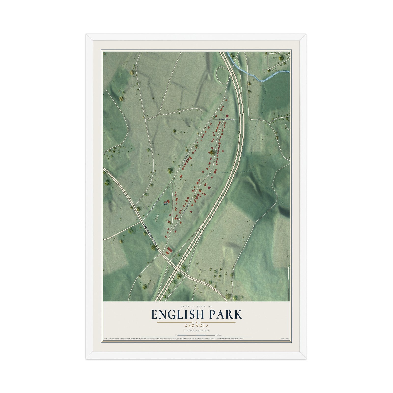 English Park, Georgia map print, 12" x 18" W/ White Ayous Wood Frame mockup