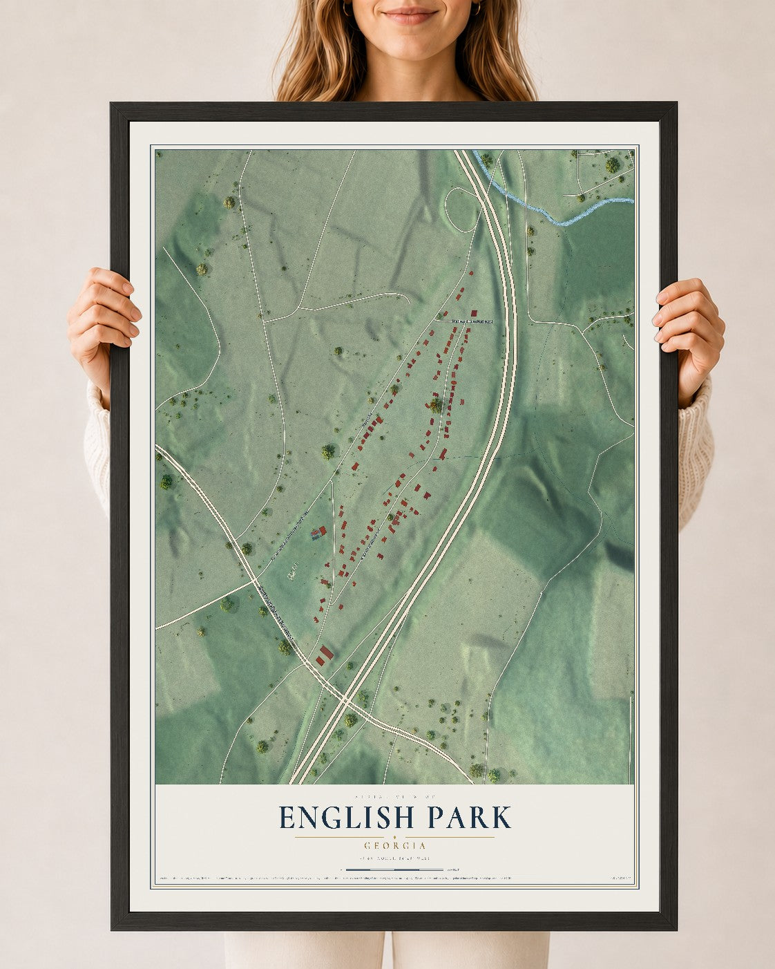 English Park, Georgia map print, 24" x 36" W/ Black Ayous Wood Frame mockup