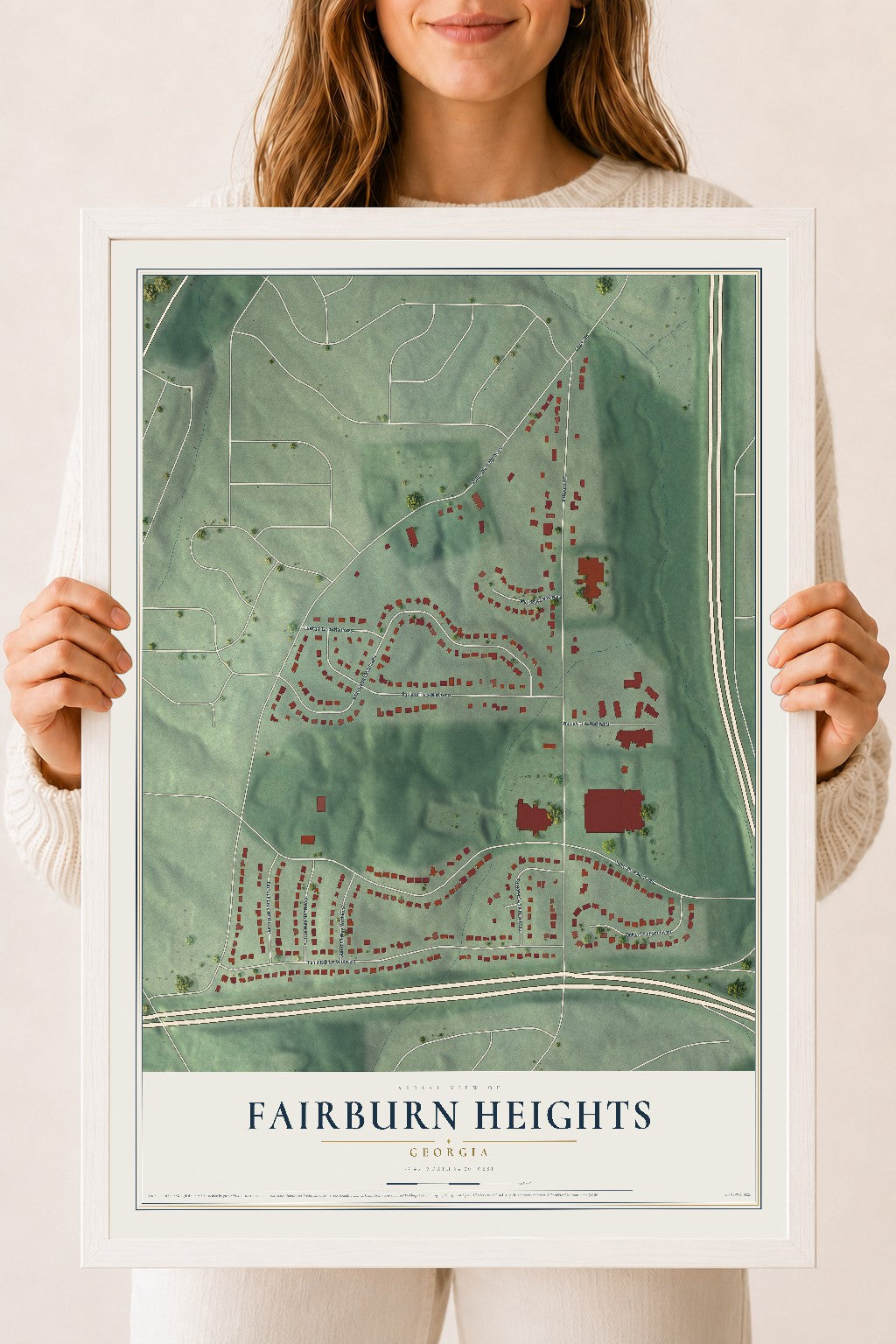 Fairburn Heights, Georgia map print, 18" x 24" W/ White Ayous Wood Frame mockup