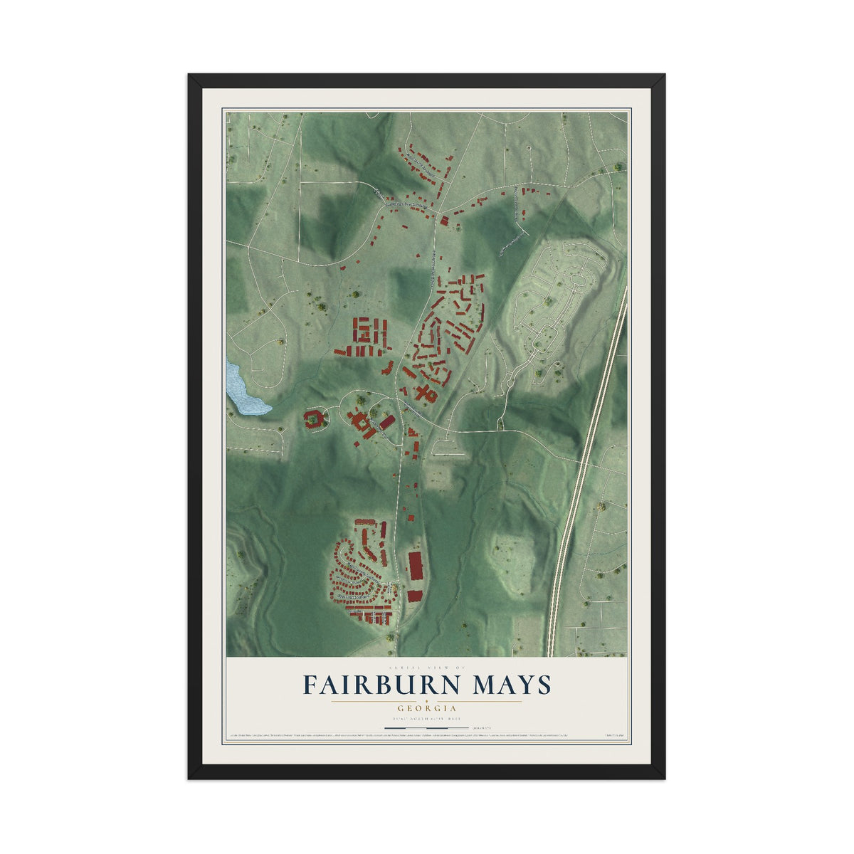 Fairburn Mays, Georgia map print, 12" x 18" W/ Black Ayous Wood Frame mockup