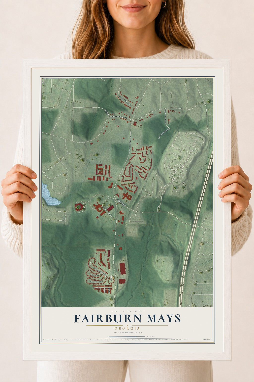 Fairburn Mays, Georgia map print, 18" x 24" W/ White Ayous Wood Frame mockup