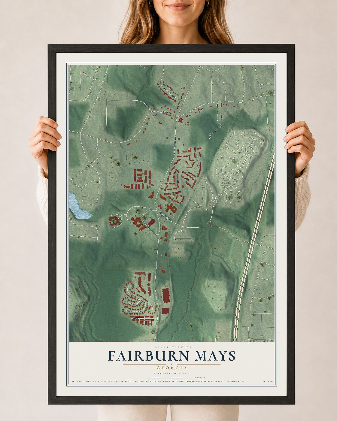 Fairburn Mays, Georgia map print, 24" x 36" W/ Black Ayous Wood Frame mockup