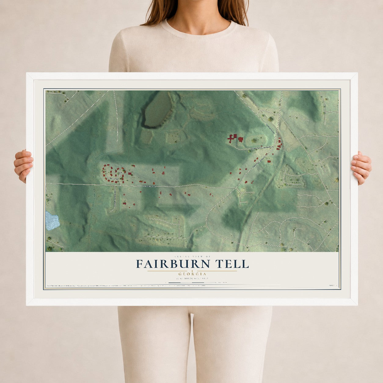 Fairburn Tell, Georgia map print, 24" x 36" W/ White Ayous Wood Frame mockup