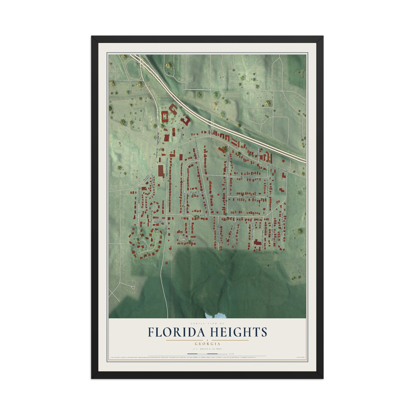 Florida Heights, Georgia map print, 12" x 18" W/ Black Ayous Wood Frame mockup