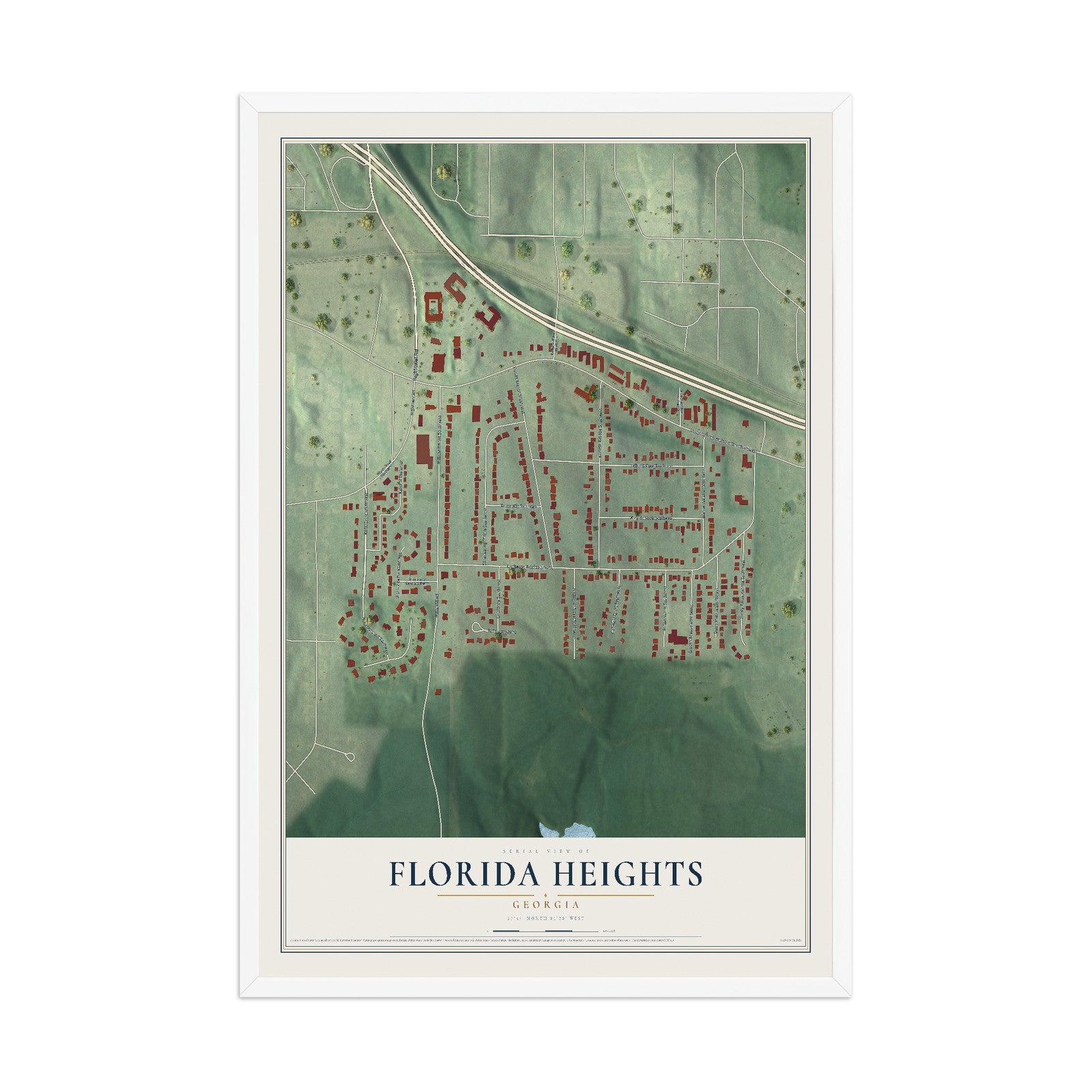 Florida Heights, Georgia map print, 12" x 18" W/ White Ayous Wood Frame mockup