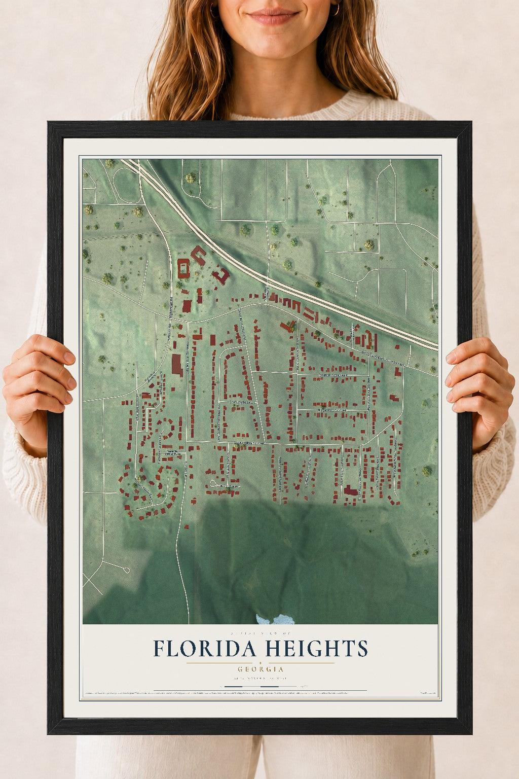 Florida Heights, Georgia map print, 18" x 24" W/ Black Ayous Wood Frame mockup