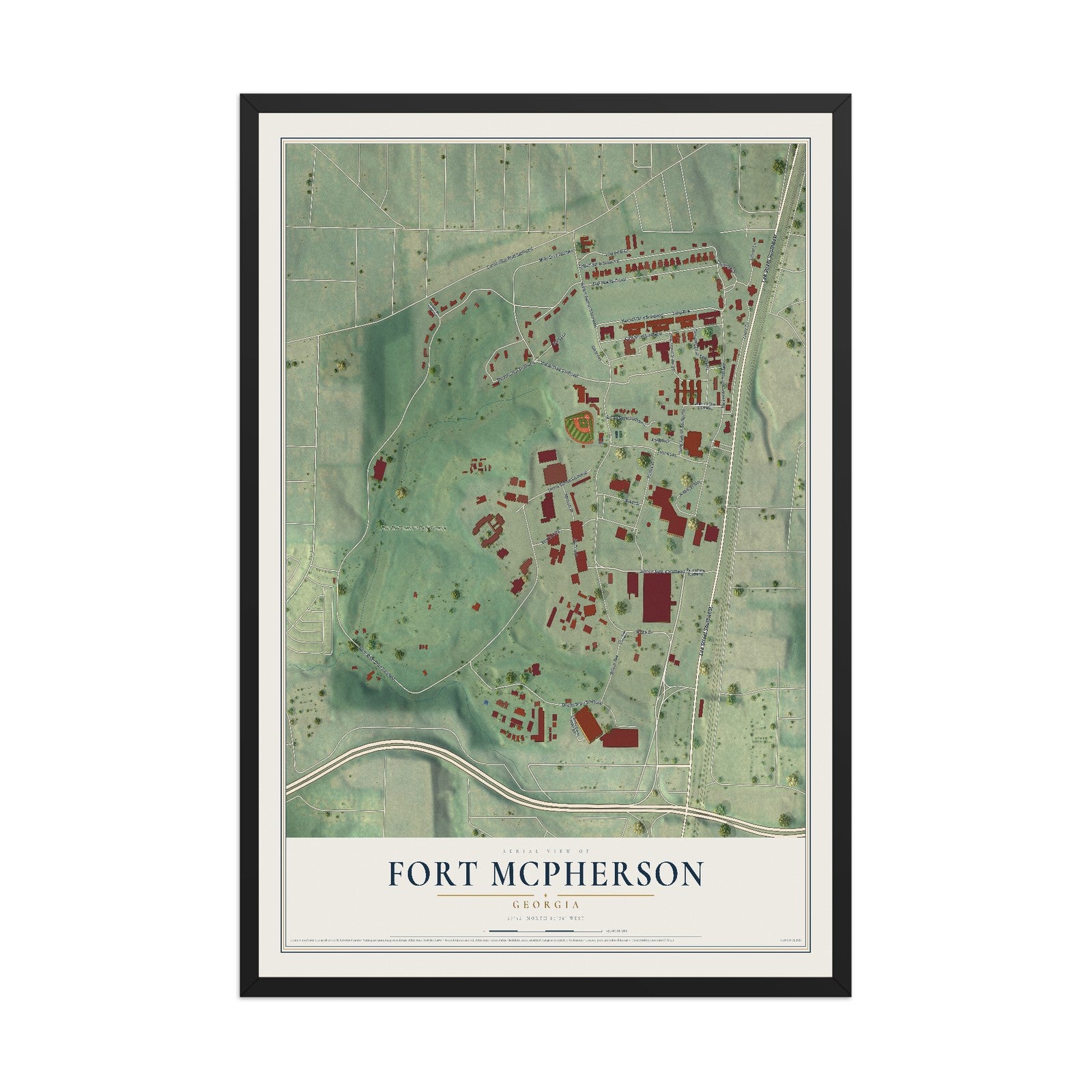 Fort McPherson, Georgia map print, 12" x 18" W/ Black Ayous Wood Frame mockup