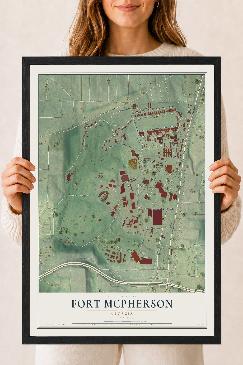 Fort McPherson, Georgia map print, 18" x 24" W/ Black Ayous Wood Frame mockup