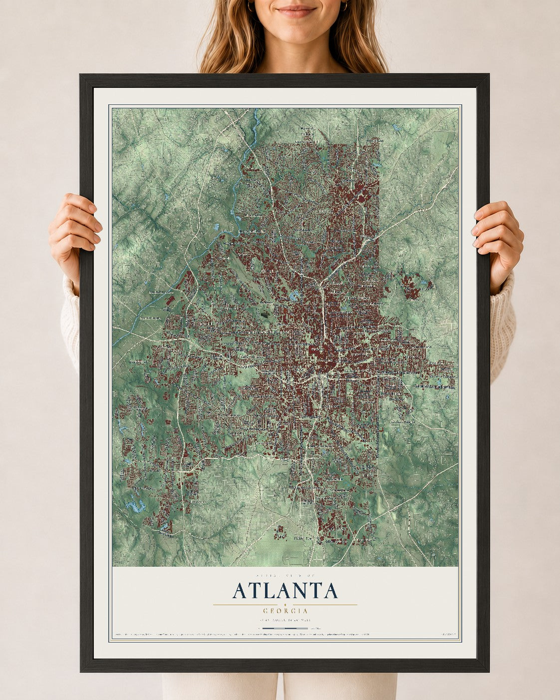 Atlanta, Georgia map print, 24" x 36" W/ Black Ayous Wood Frame mockup