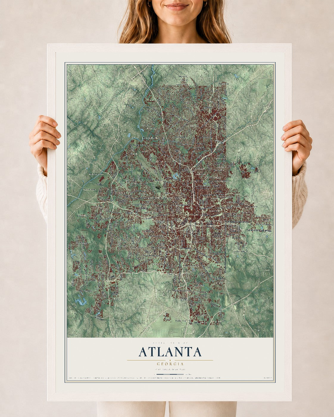 Atlanta, Georgia map print, 24" x 36" W/ White Ayous Wood Frame mockup