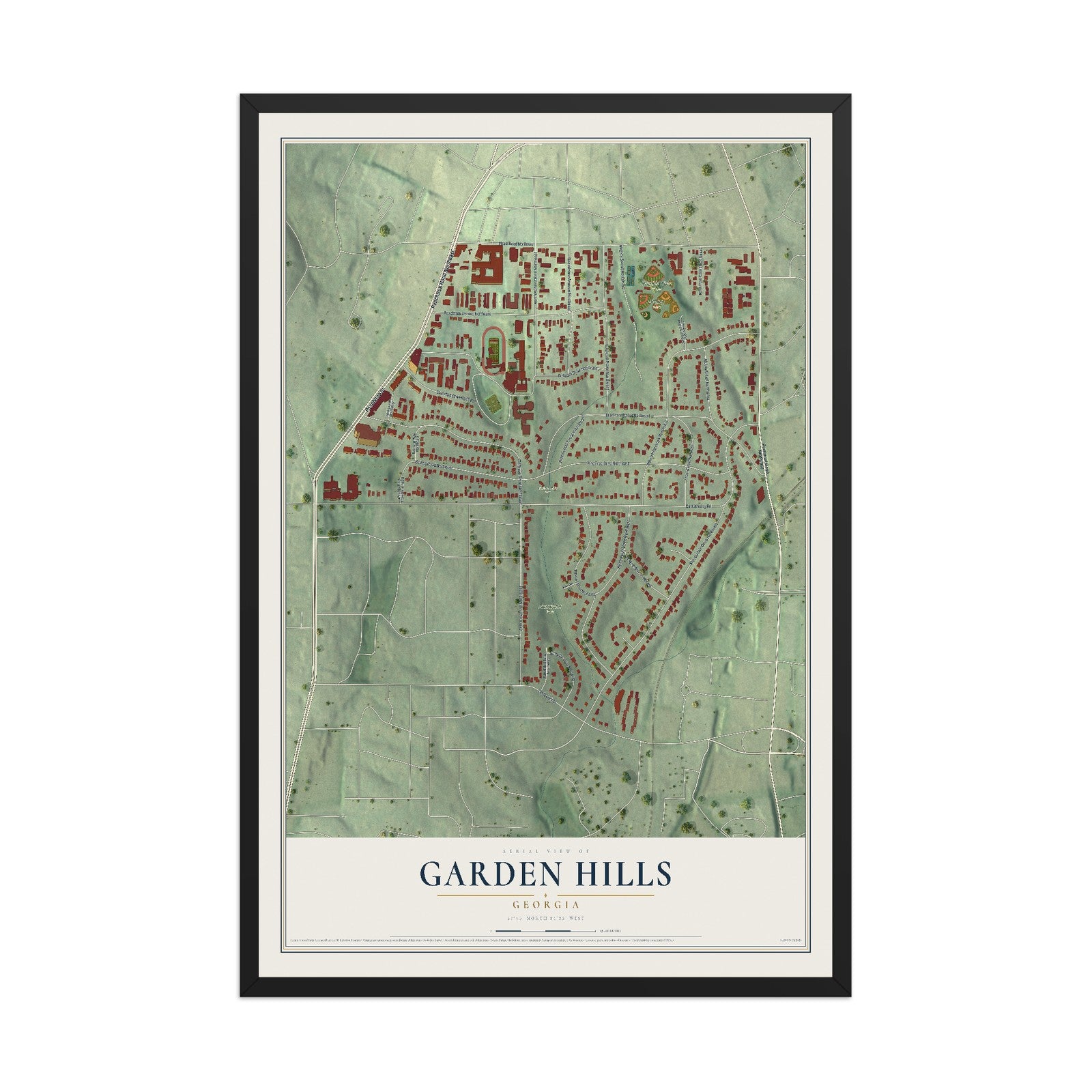 Garden Hills, Georgia map print, 12" x 18" W/ Black Ayous Wood Frame mockup