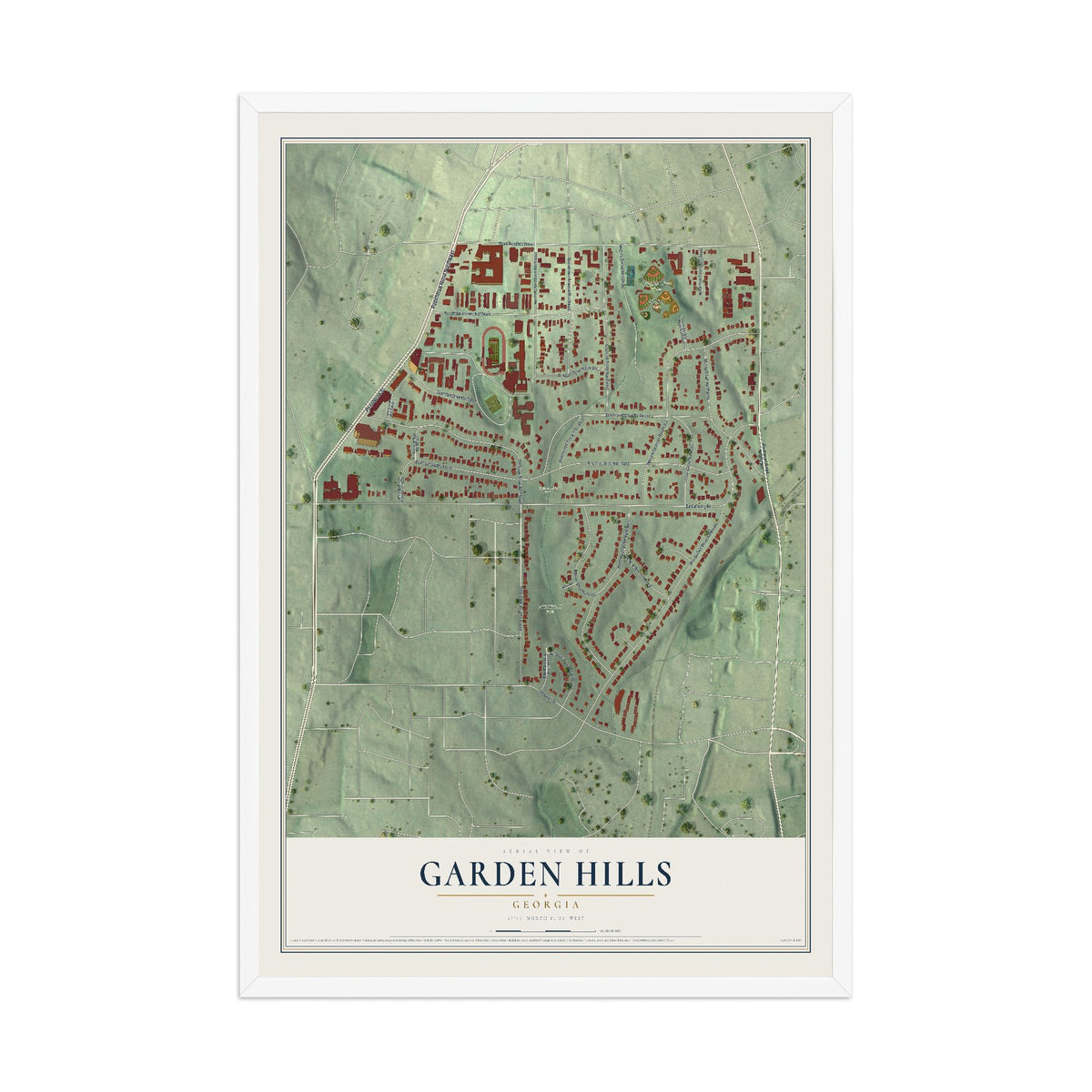 Garden Hills, Georgia map print, 12" x 18" W/ White Ayous Wood Frame mockup