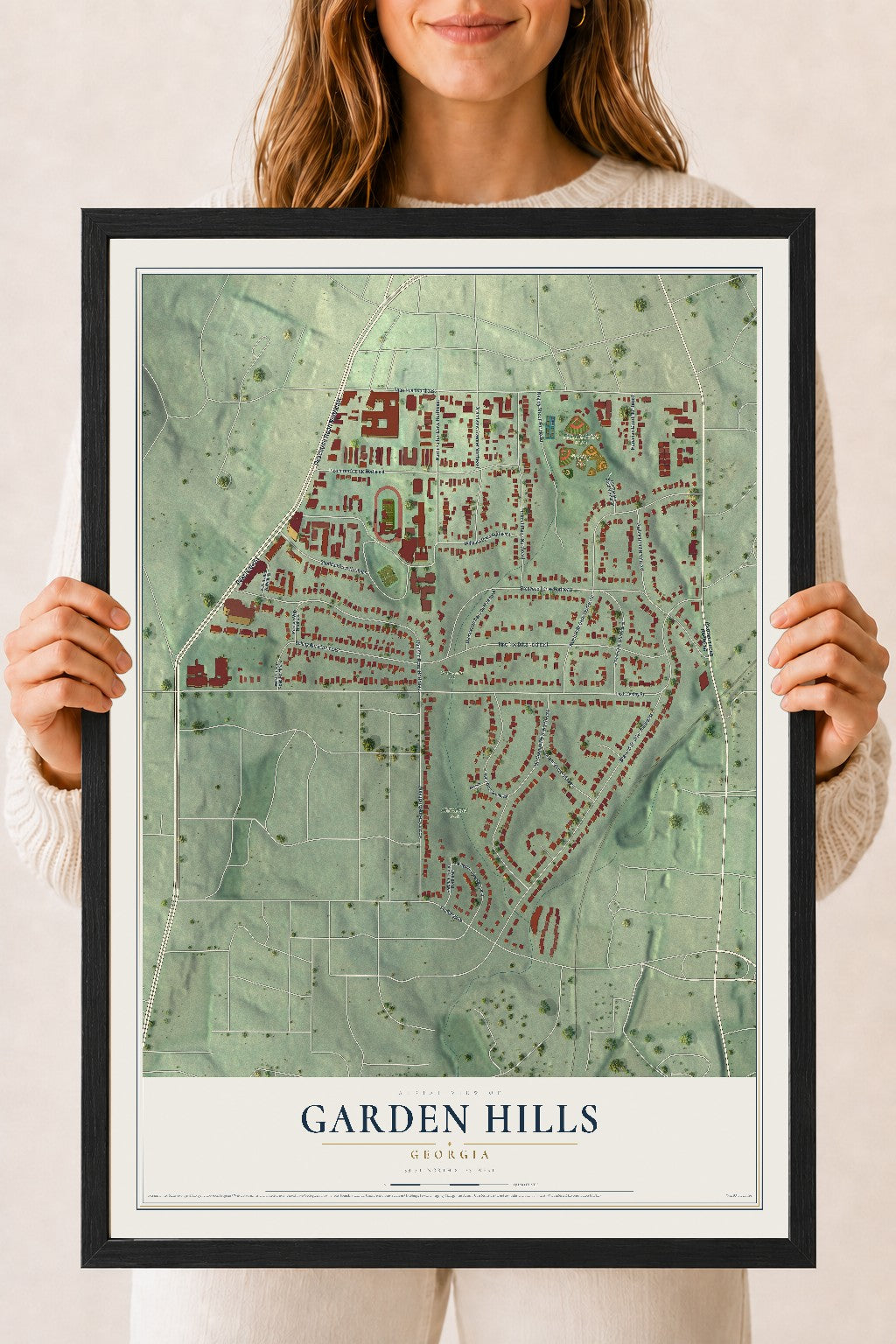 Garden Hills, Georgia map print, 18" x 24" W/ Black Ayous Wood Frame mockup