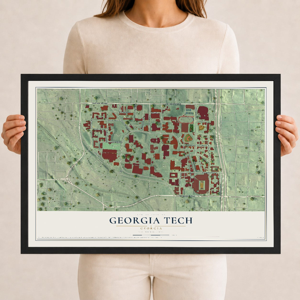 Georgia Tech, Georgia map print, 12" x 18" W/ Black Ayous Wood Frame mockup