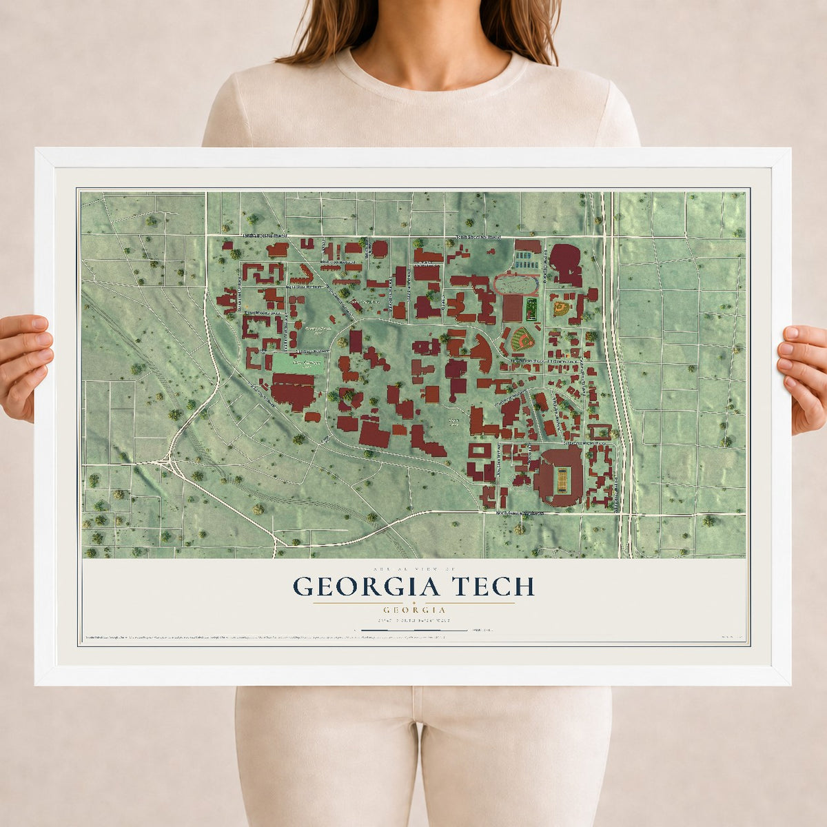 Georgia Tech, Georgia map print, 18" x 24" W/ White Ayous Wood Frame mockup
