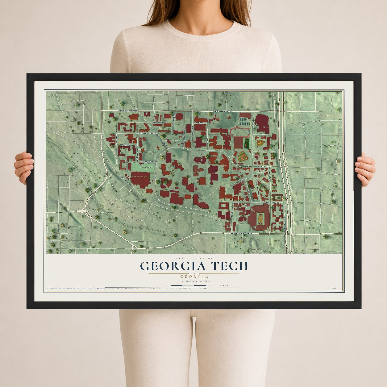 Georgia Tech, Georgia map print, 24" x 36" W/ Black Ayous Wood Frame mockup