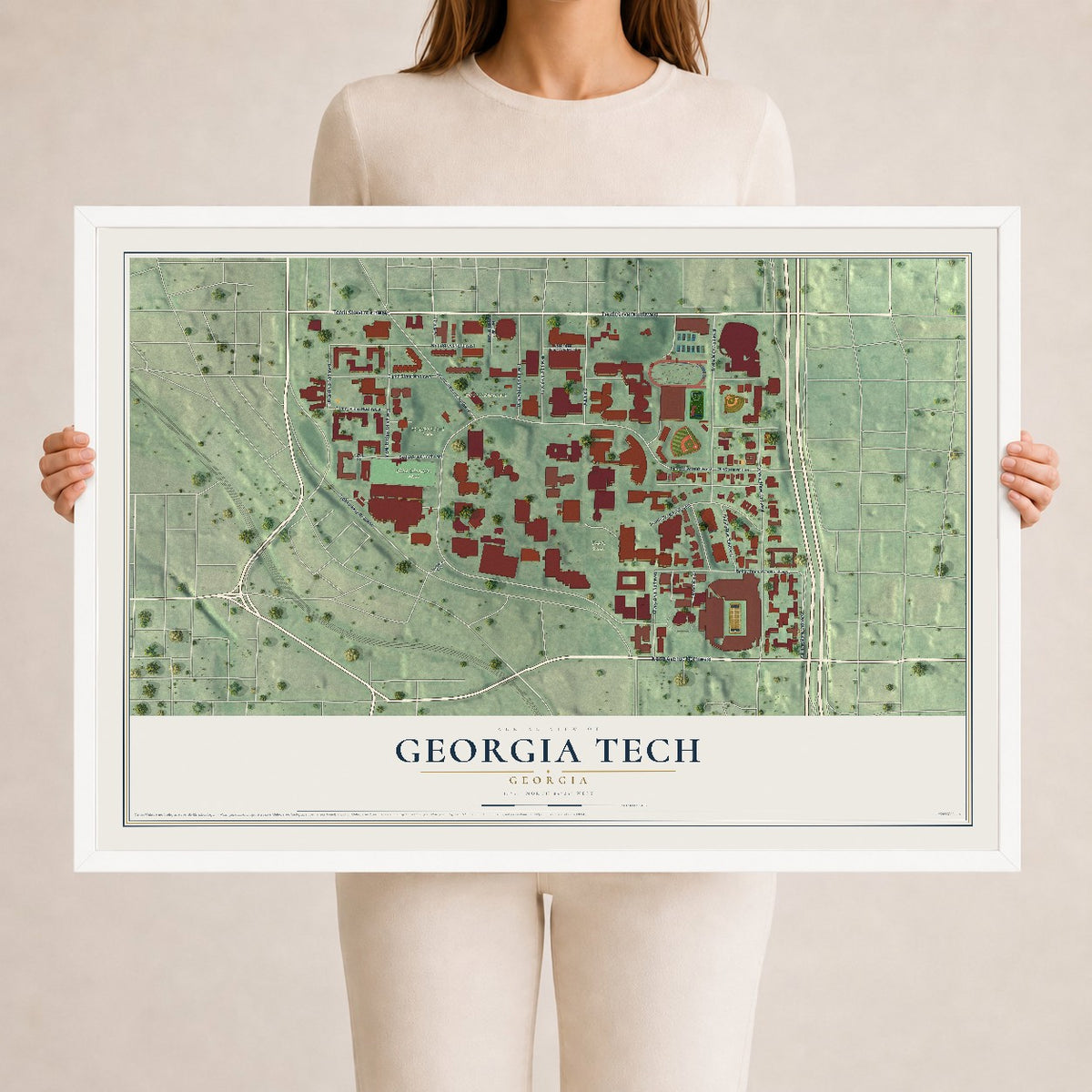 Georgia Tech, Georgia map print, 24" x 36" W/ White Ayous Wood Frame mockup