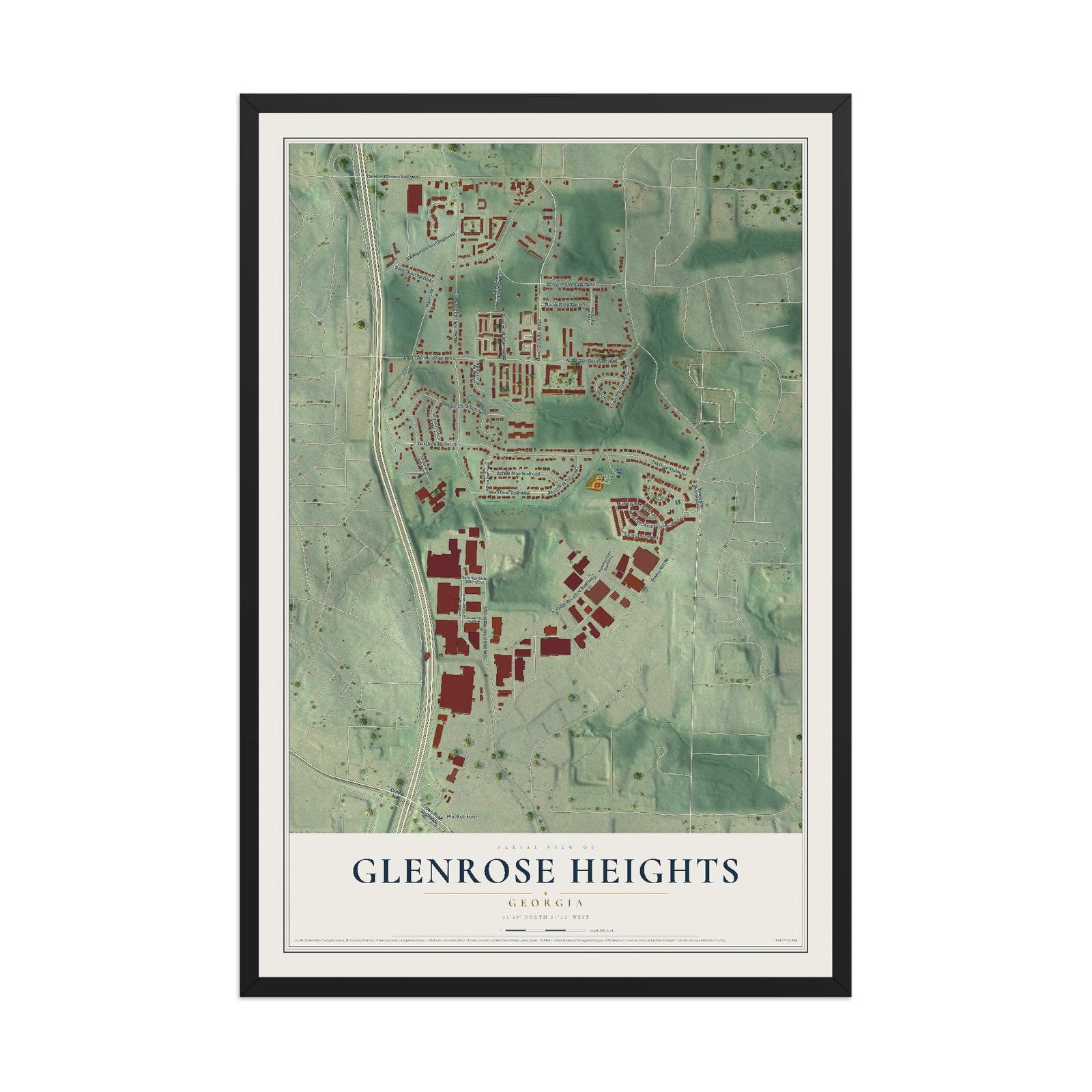 Glenrose Heights, Georgia map print, 12" x 18" W/ Black Ayous Wood Frame mockup
