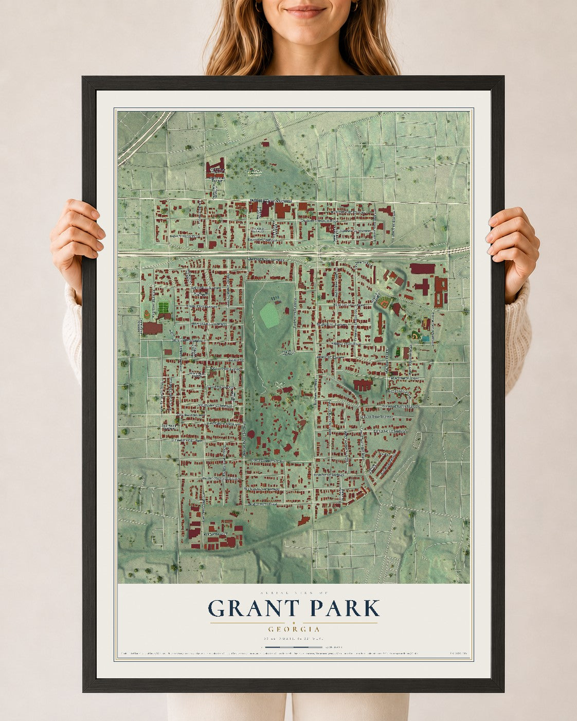 Grant Park, Georgia map print, 24" x 36" W/ Black Ayous Wood Frame mockup