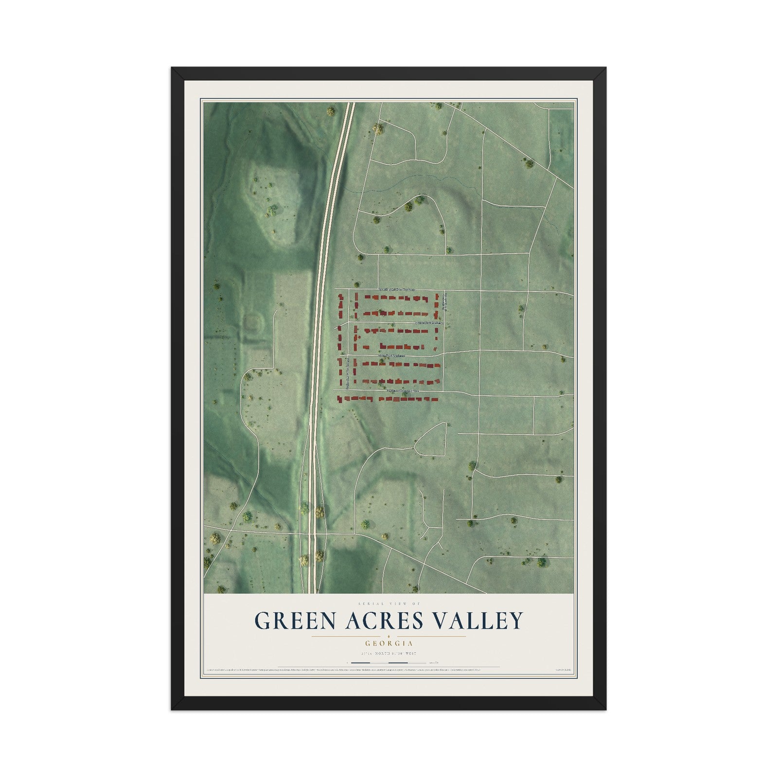 Green Acres Valley, Georgia map print, 12" x 18" W/ Black Ayous Wood Frame mockup