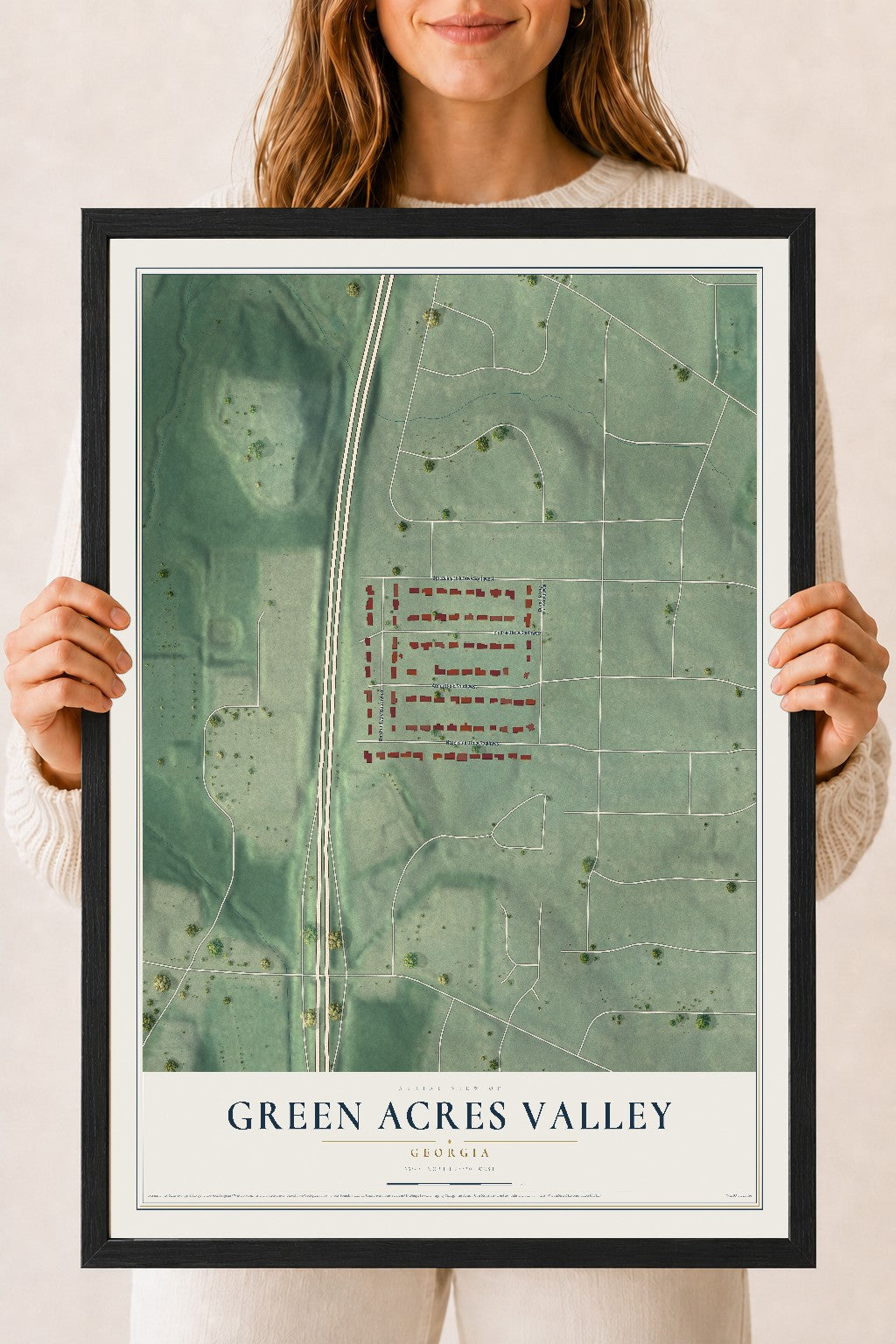 Green Acres Valley, Georgia map print, 18" x 24" W/ Black Ayous Wood Frame mockup