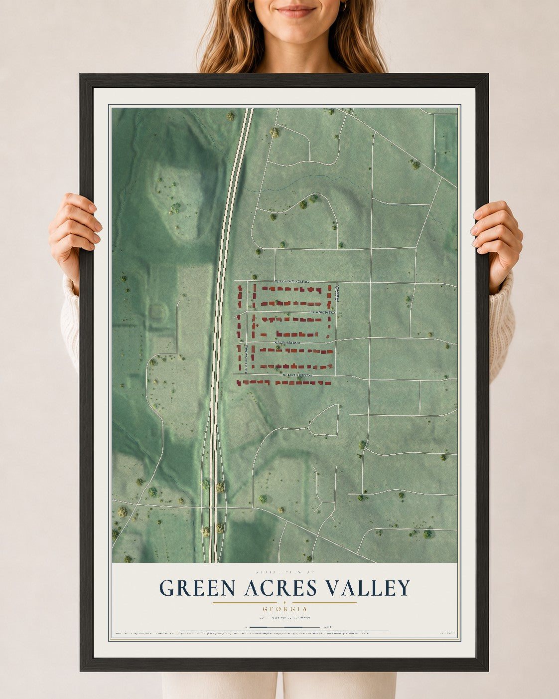 Green Acres Valley, Georgia map print, 24" x 36" W/ Black Ayous Wood Frame mockup