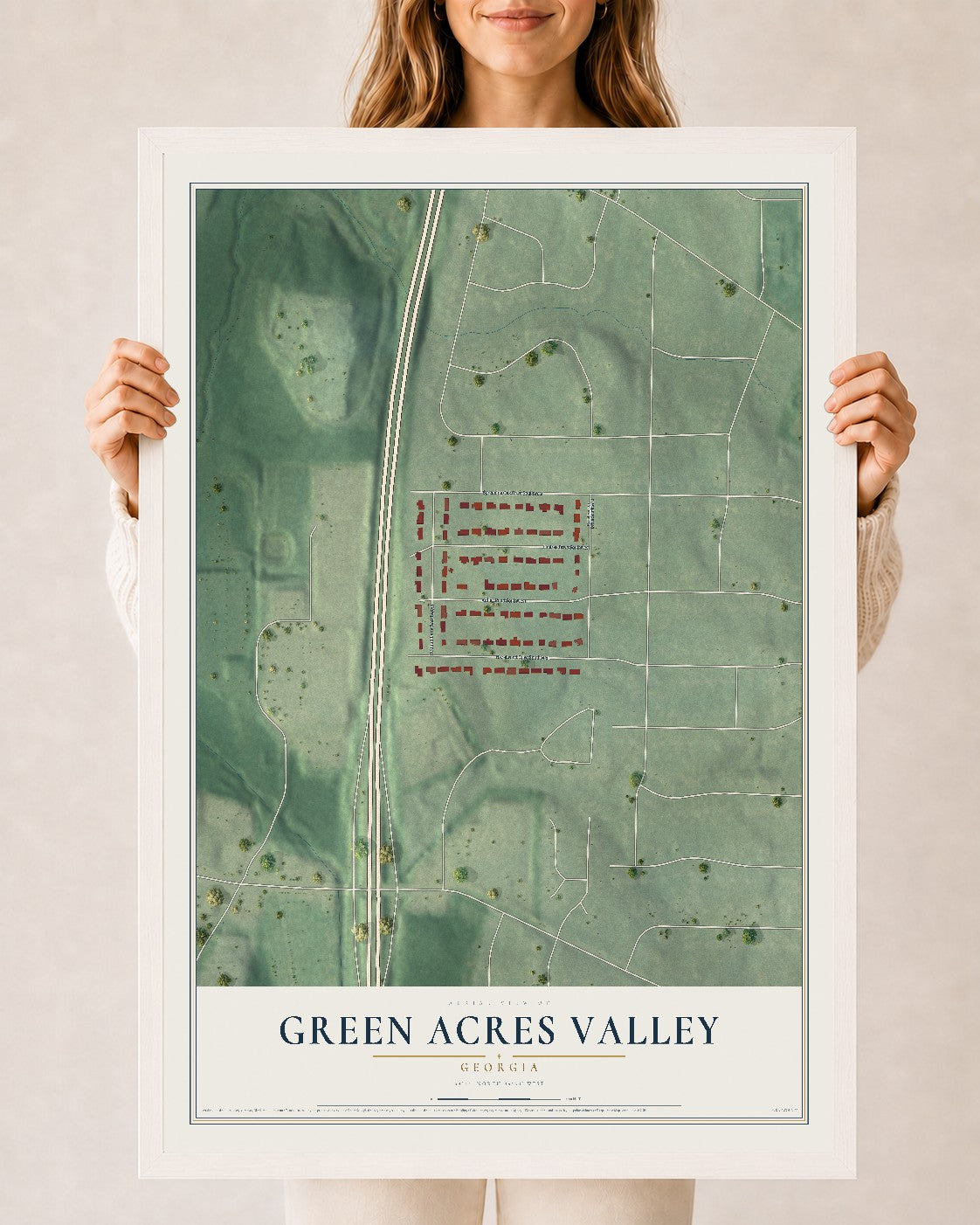 Green Acres Valley, Georgia map print, 24" x 36" W/ White Ayous Wood Frame mockup