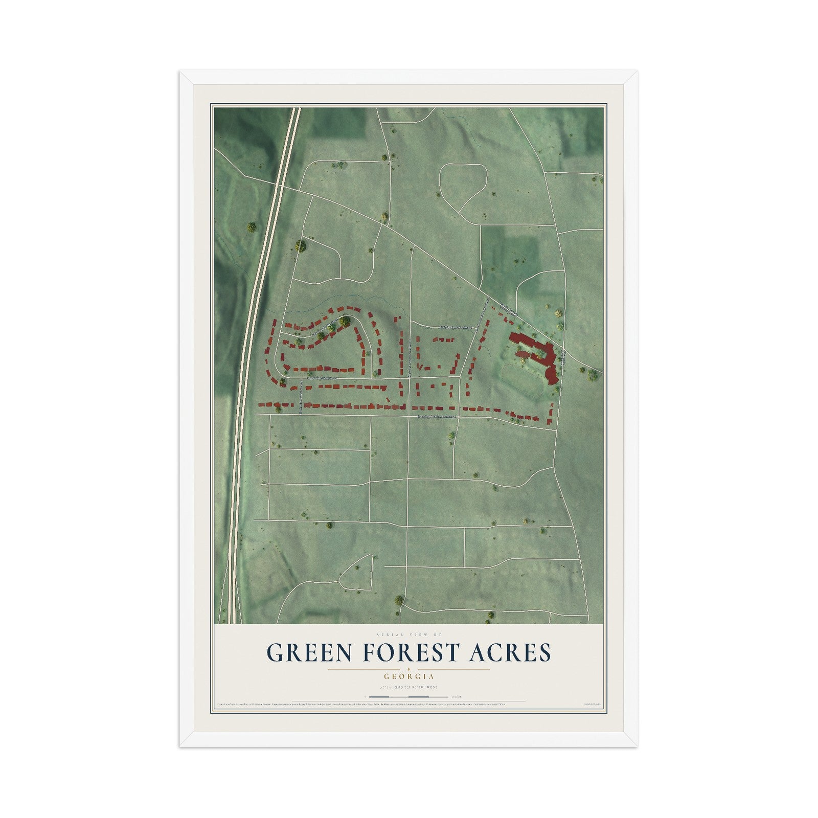 Green Forest Acres, Georgia map print, 12" x 18" W/ White Ayous Wood Frame mockup