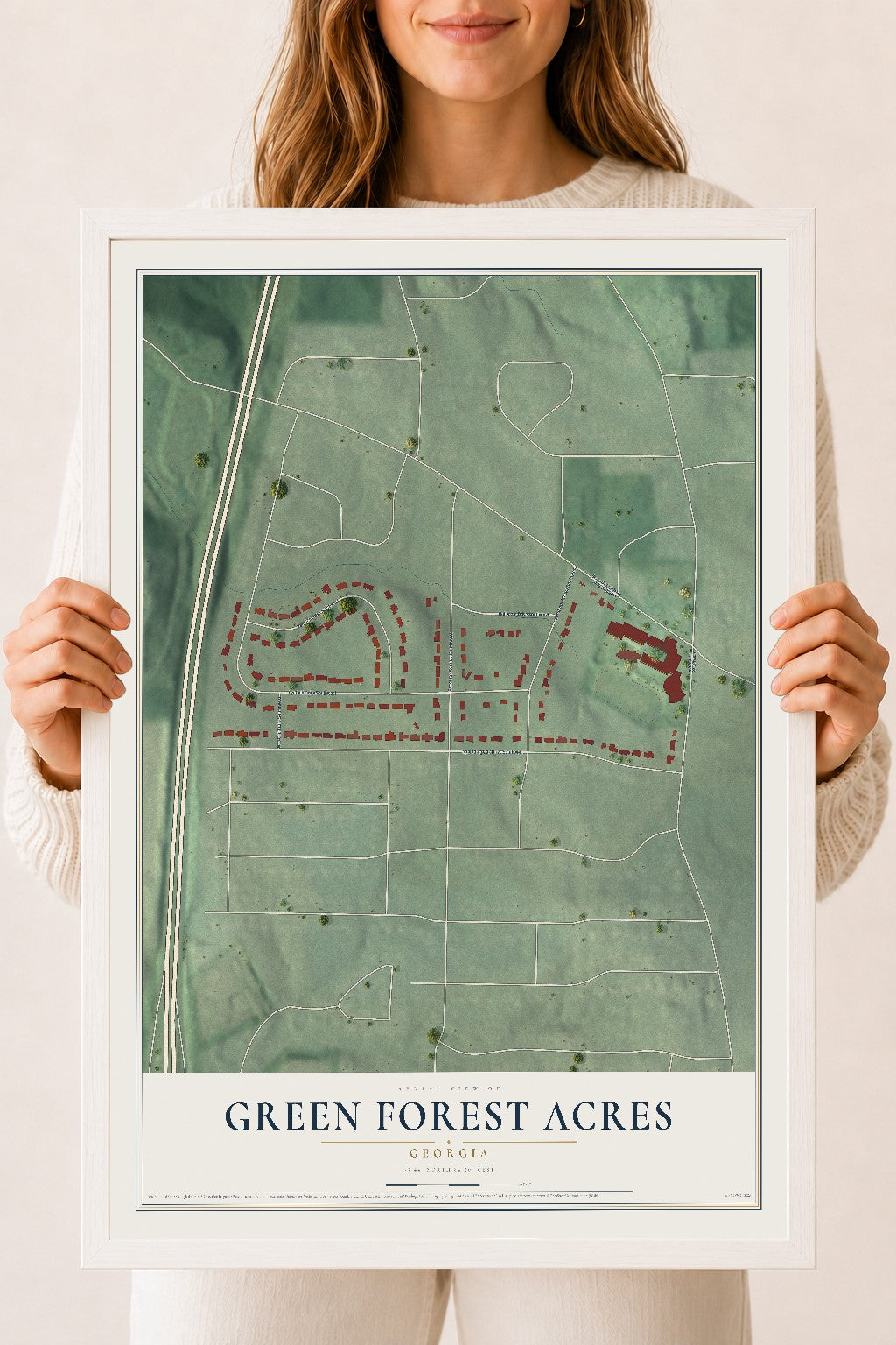 Green Forest Acres, Georgia map print, 18" x 24" W/ White Ayous Wood Frame mockup