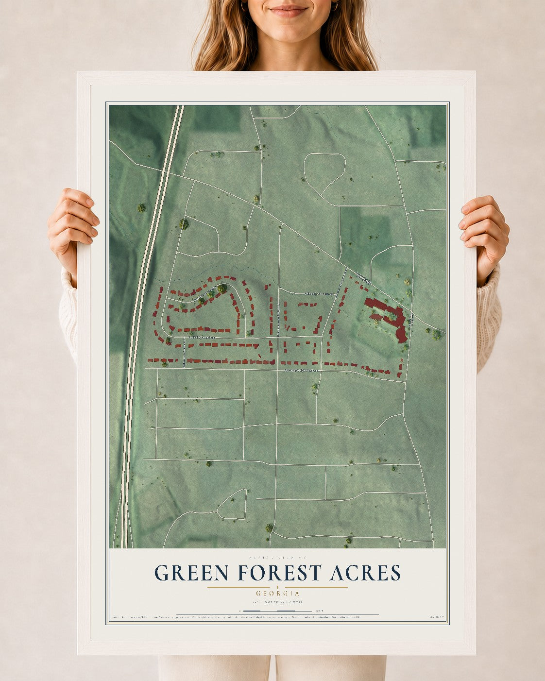 Green Forest Acres, Georgia map print, 24" x 36" W/ White Ayous Wood Frame mockup