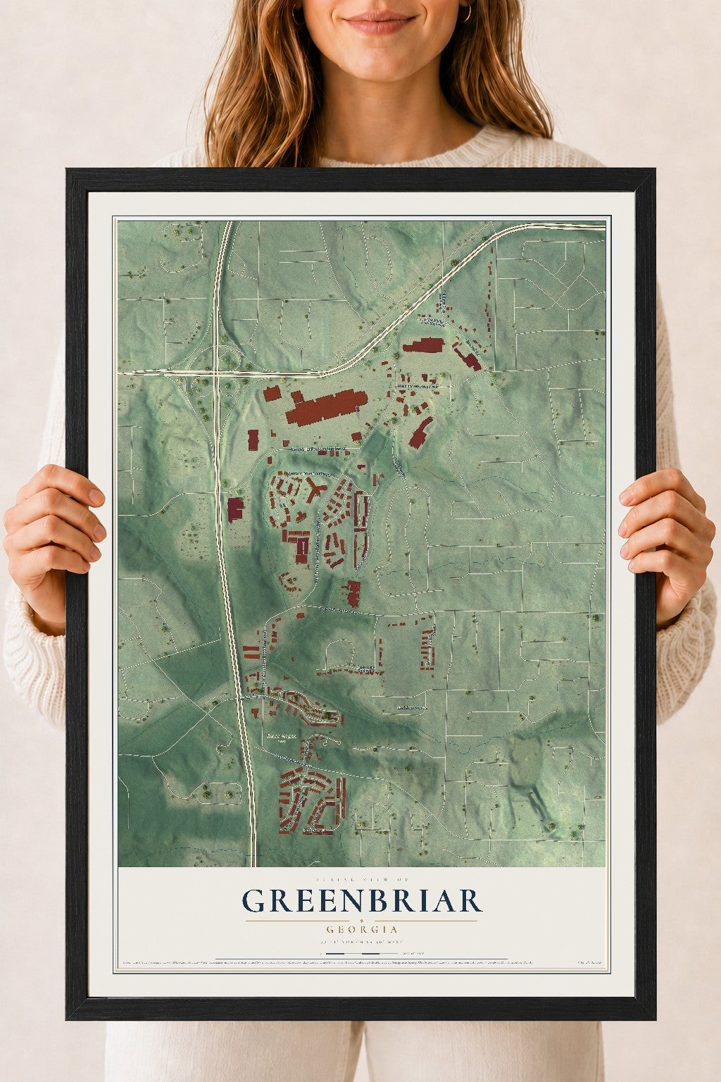 Greenbriar, Georgia map print, 18" x 24" W/ Black Ayous Wood Frame mockup