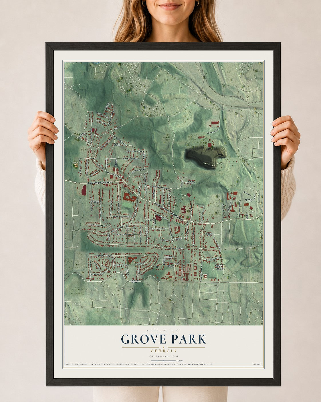 Grove Park, Georgia map print, 24" x 36" W/ Black Ayous Wood Frame mockup